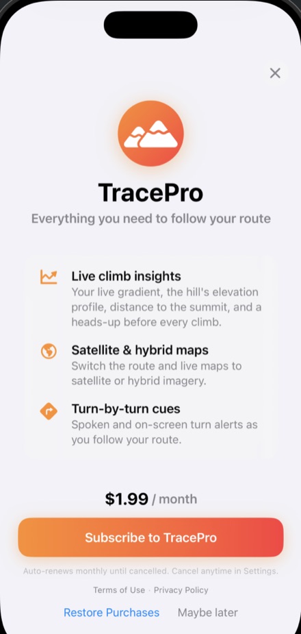 The TracePro upgrade screen, listing live climb insights, satellite maps, and turn-by-turn cues.