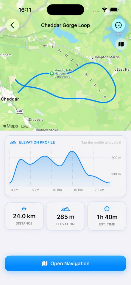 Trace showing the Cheddar Gorge Loop: route on the map, elevation profile, and 24 km distance with 285 m of climbing.